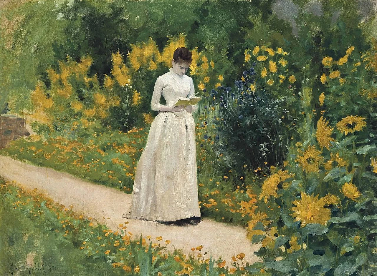Leggendo sul vialetto del giardino